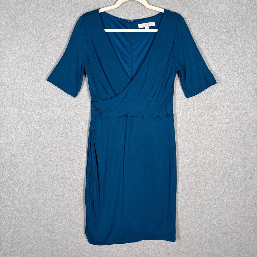 LOFT Ruched Wrap Pencil Dress Medium Teal Jersey Stretch Comfort Church‎ Career